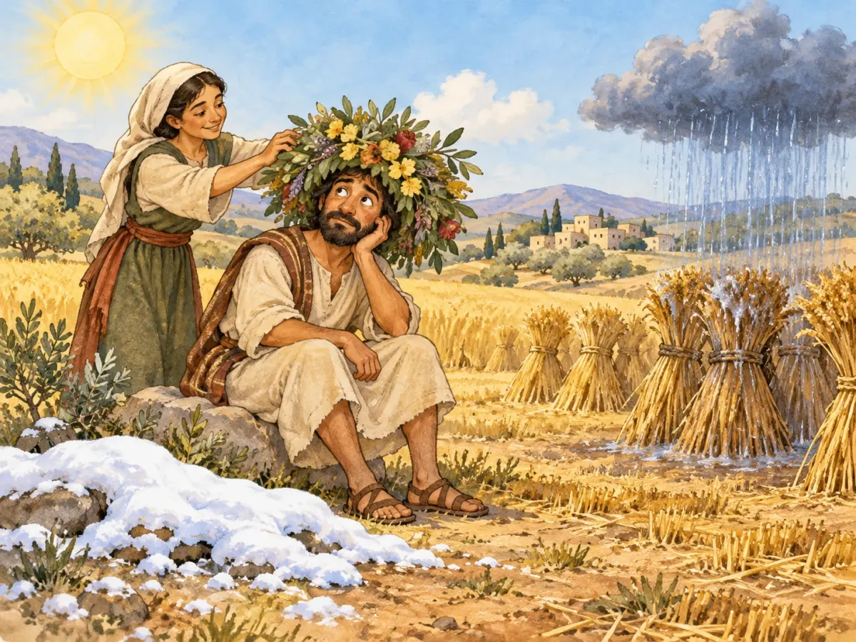 An imaginative countryside scene with incongruous snow, rain, harvest and an oversized wreath.